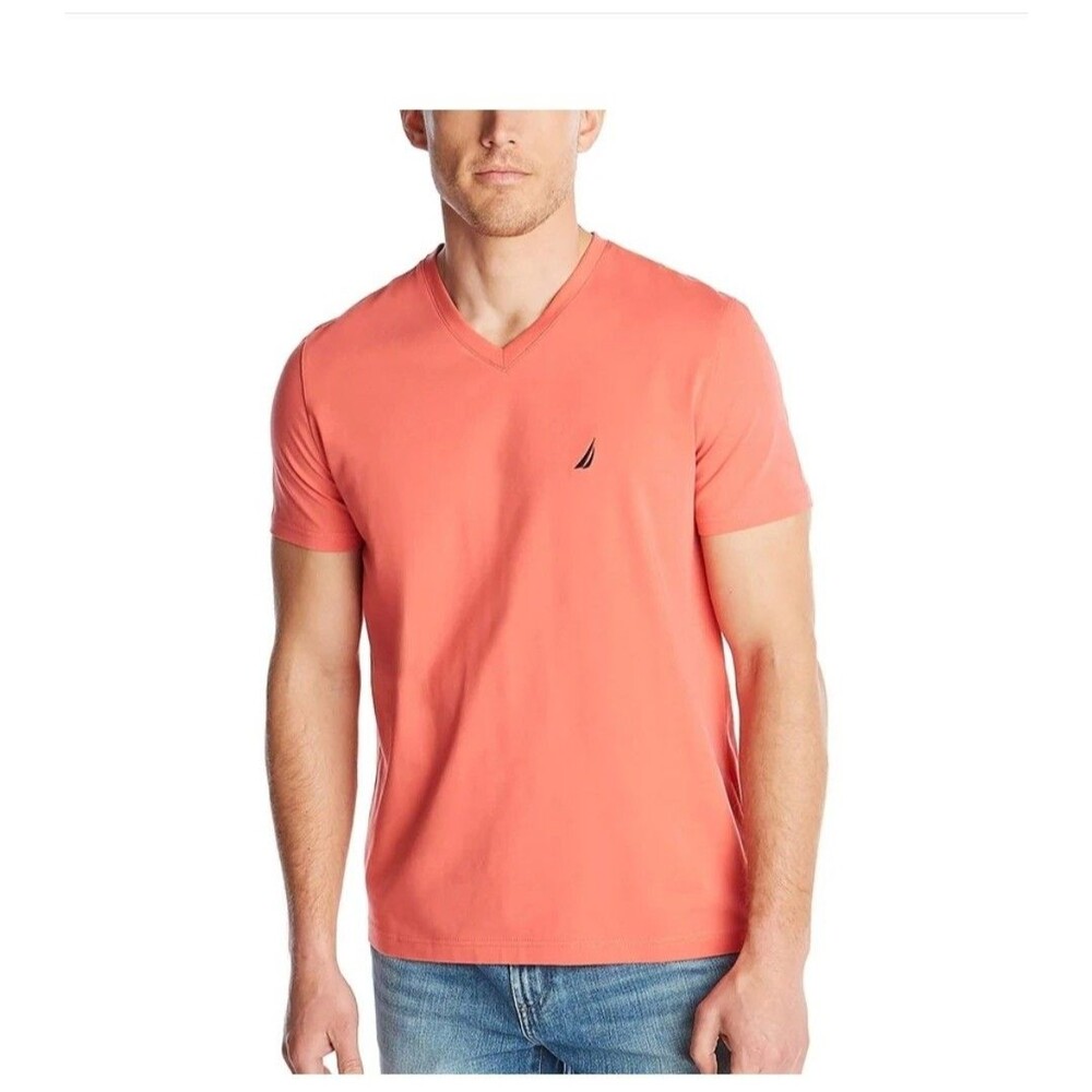Nautica Men’s V-Neck T-Shirt XL Slim Fit Coral Short Sleeve Tee Casual Cotton